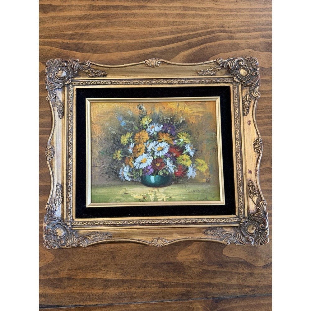 Vintage Floral Oil Painting On Canvas Signed Ornate Gold Frame 13x15